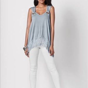 NWOT XL Venus grey/light blue fringe detail top.